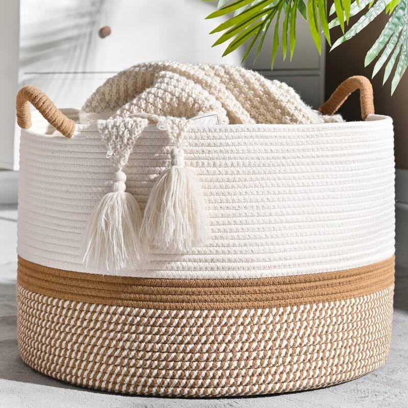 Large Blanket Basket (20"x13"),Woven Baskets for storage Baby Laundry Hamper - 20"L x 20"W x 13"H - Brown