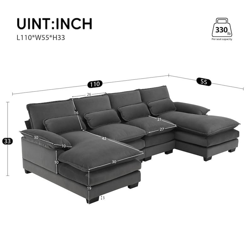 Gray Velvet Modern 6-Seat Modular U-Shaped Sleeper Sectional Sofa with Chaise