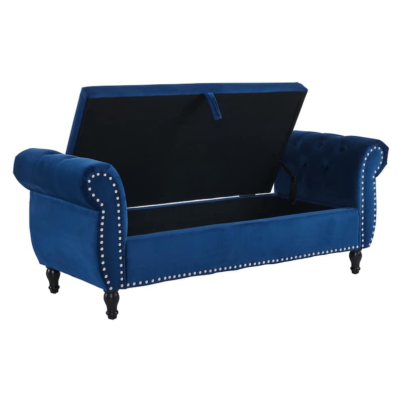 51.25" Velvet Storage Ottoman Bench with Rolled Arms and Wood Legs