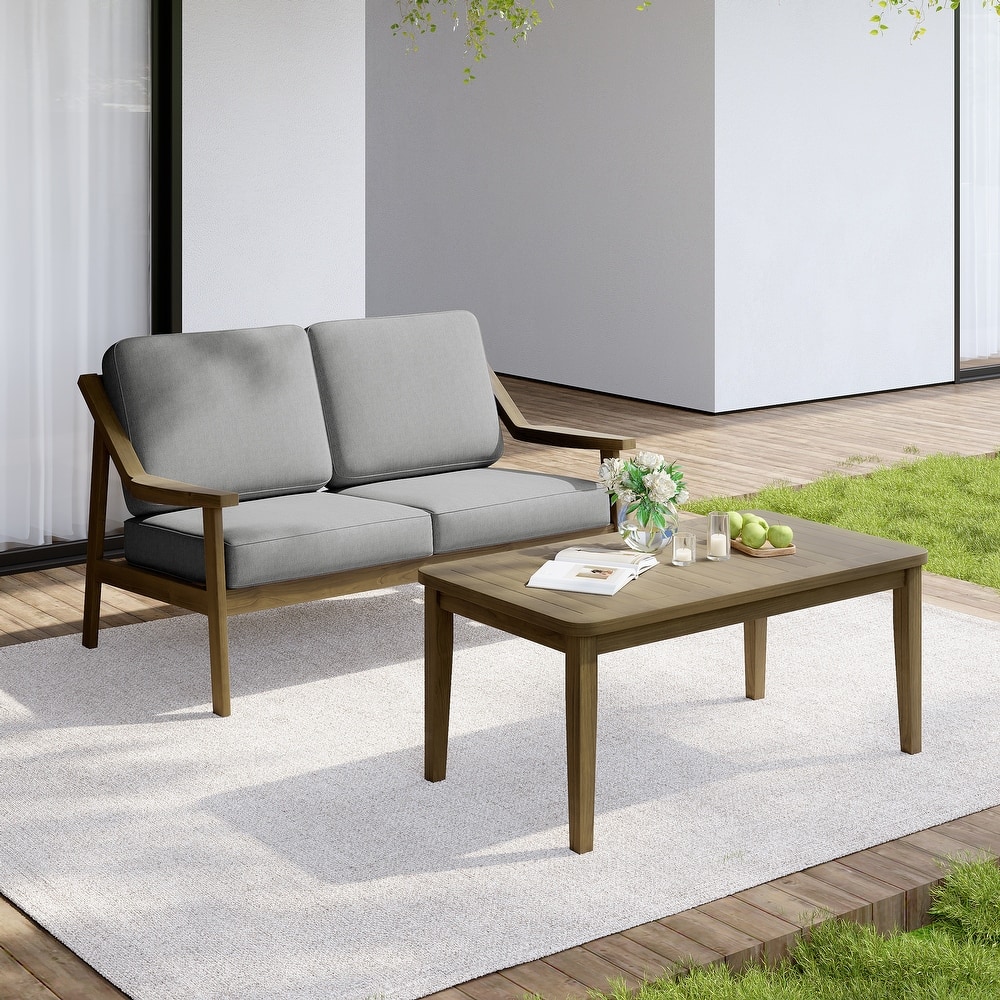 Outdoor Wood Teak Cushioned Patio 2 Seater Loveseat with Coffee Table