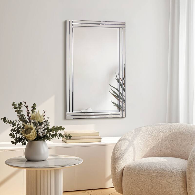 Moderno Stepped Beveled Rectangle Wall Mirror, Solid Wood Frame, 1"-Beveled Center Mirror, Ready to Hang - Clear