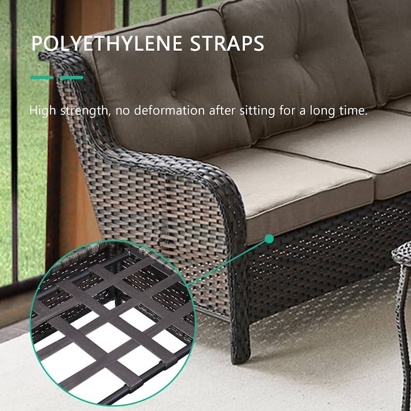 Gymojoy 4-Piece Outdoor Wicker Patio Furniture with Fire Pit and L-shaped Sectional Sofa, Coversation Set with Thick Cushions