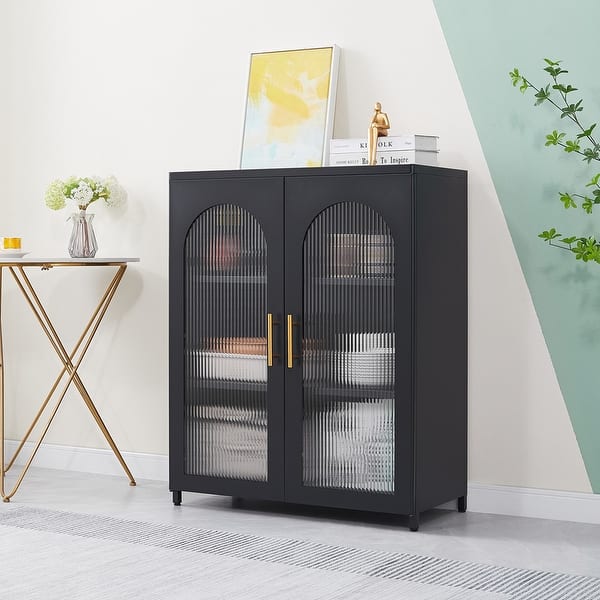 Metal Buffet Storage with 2 Glass Doors and Adjustable Feet Bed