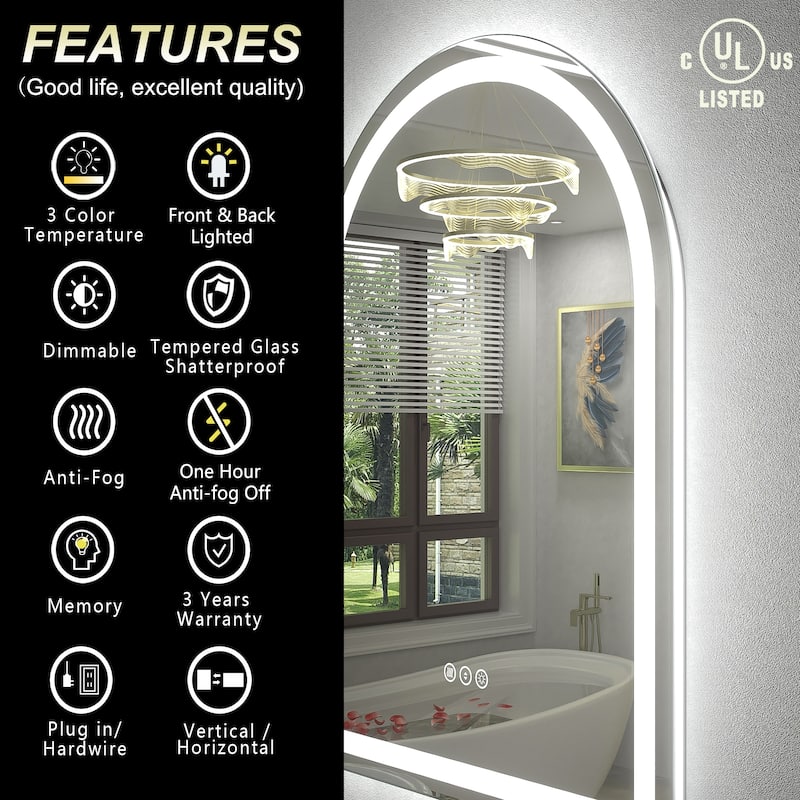 UL Certified Arched LED Anti-fog Tempered Glass Wall Bathroom Vanity Mirror
