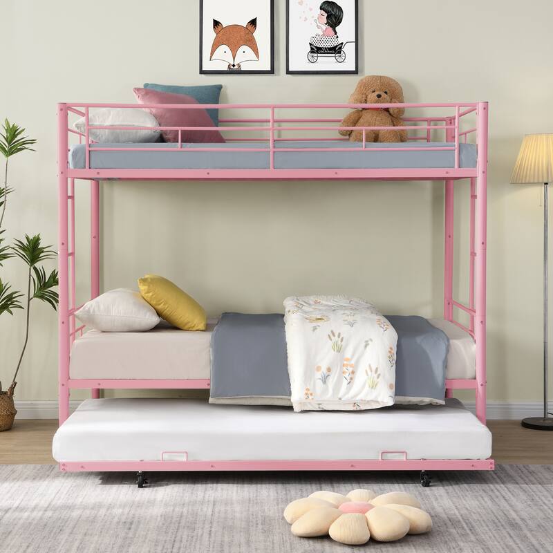 Twin Over Twin Bunk Bed with Trundle, Metal Bunkbeds with Ladder and Full-Length Guardrail, Noise Free, No Box Spring Needed