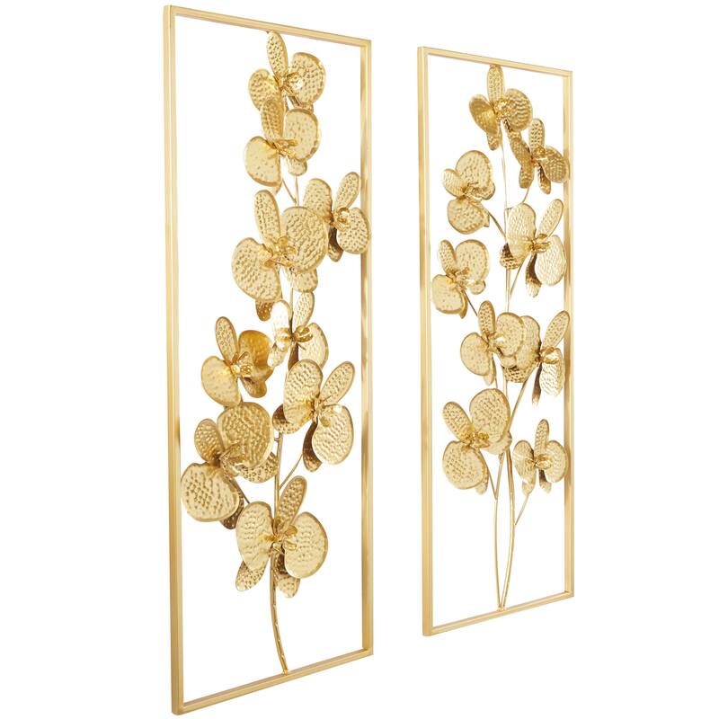 Metal Floral Orchid Wall Decor with Gold Frame - Set of 2 Gold - CosmoLiving by Cosmopolitan