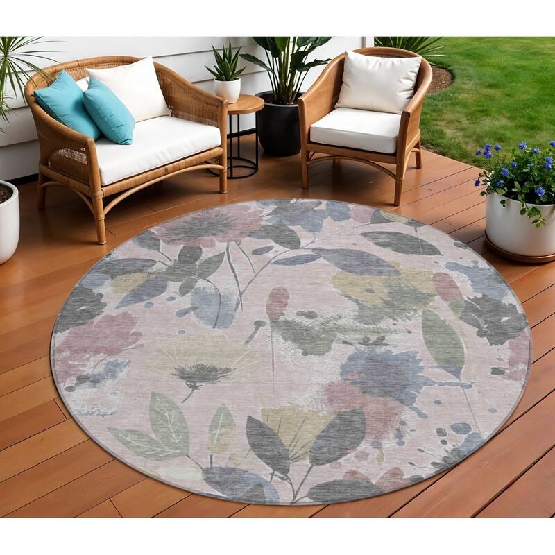 HomeRoots Floral Transitional Rectangle Outdoor Rug - Blue/Grey - 8' Round
