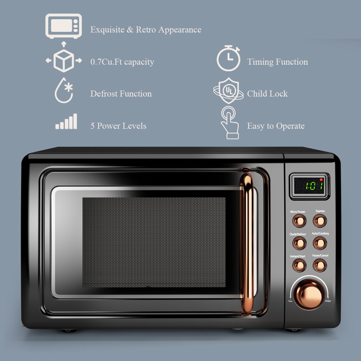 Retro Microwave Oven,Safeplus 0.7Cu.ft, Countertop 700W Microwaves with  Cold Rolled Steel Plate 5 Micro Power Defrost & Auto Cooking Function LED