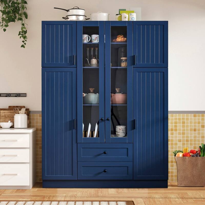 Modern 71" Tall Kitchen Pantry with Storage Cabinet, 6 Doors , Drawers, Adjustable Shelves,Pull-out Trays and Wine Rack - Blue