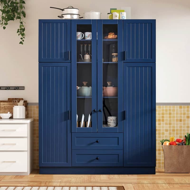 Modern 71" Tall Kitchen Pantry with Storage Cabinet, 6 Doors , Drawers, Adjustable Shelves,Pull-out Trays and Wine Rack