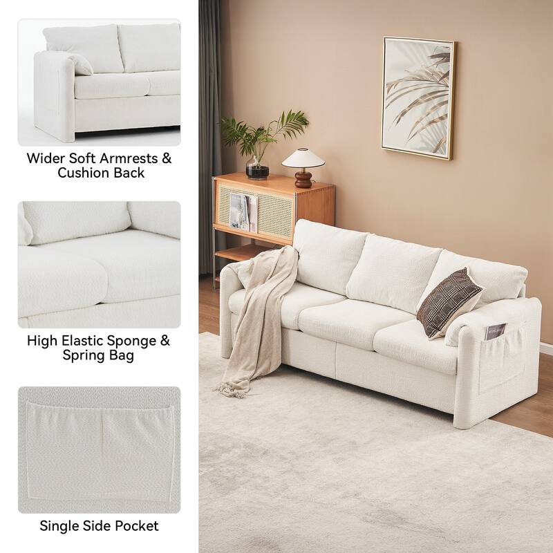3-Seater Chenille Sofa, Ivory White, 77" Length