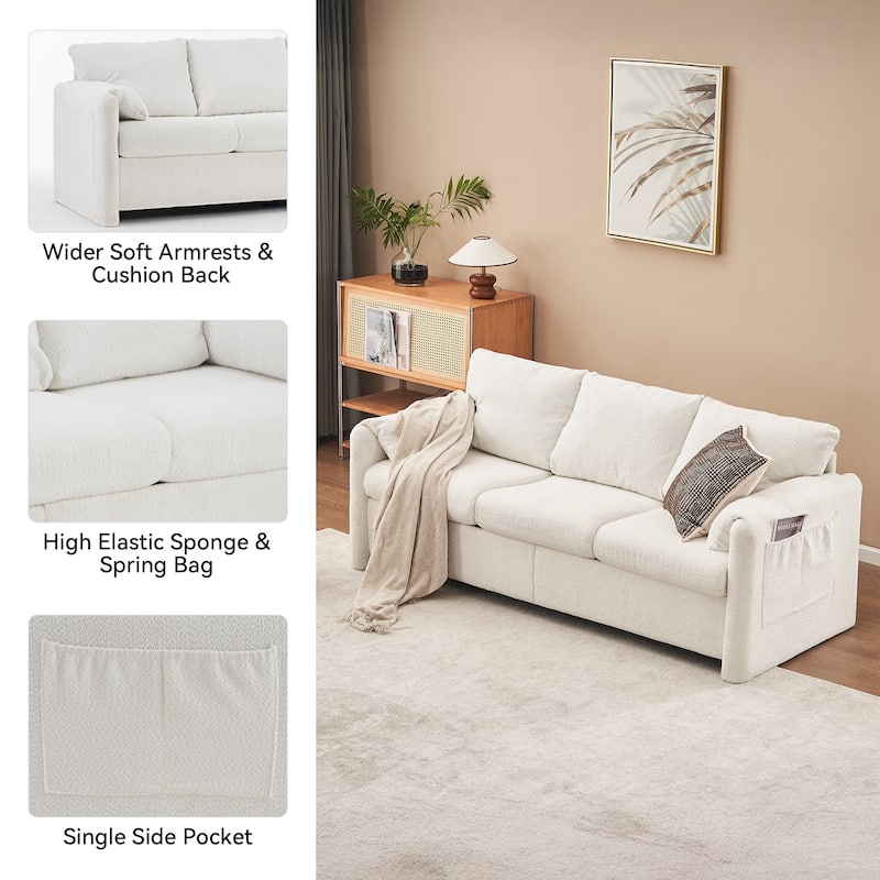Minimalist Ergonomic 3-Seater Sofa Couch with Armrests, Ivory White Sleeper Sofa Couch for Living Room Bedroom