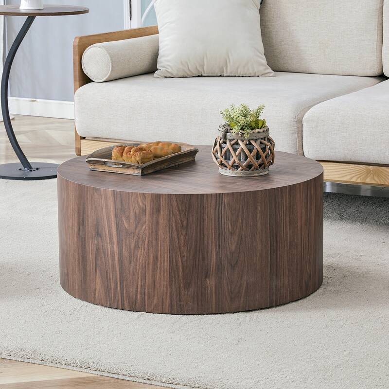 Simple deep walnut cylindrical coffee table, 27.5-inch diameter x 12 inch height,MDF material living room furniture