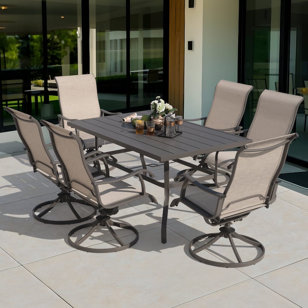 Patio 7 Pieces Textilene Dining Set with Swivel Design, Umbrella Hole
