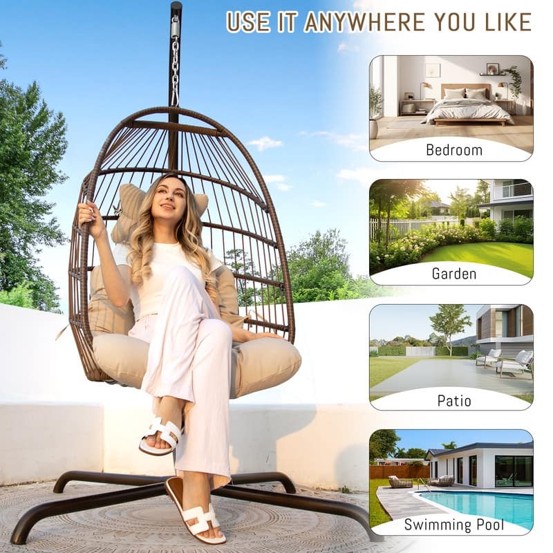 FINCATI Outdoor Oversized Luxury Hanging Egg Chair with Stand, 350 lbs Indoor Egg Swing Chair with Stand, Egg Chair Outdoor