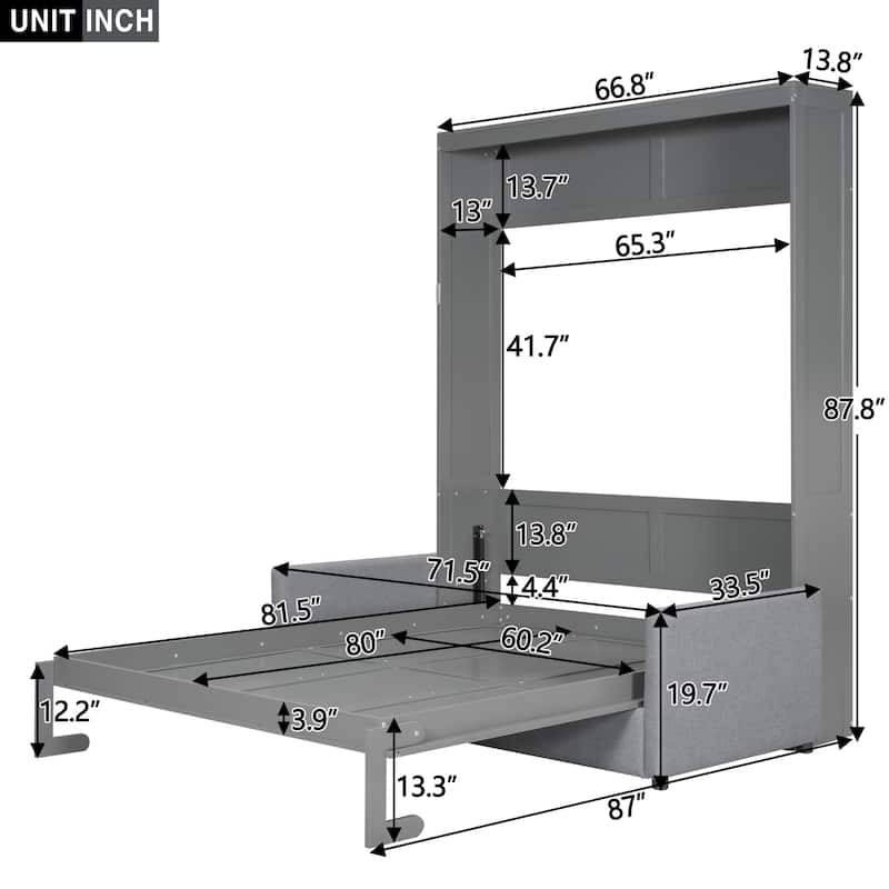Queen Murphy Wall Bed with Sofa Cushion, Dual-Piston Fold Down, 8 in Mattress, 600 lb Capacity, 66.8 x 87 x 87.8 in