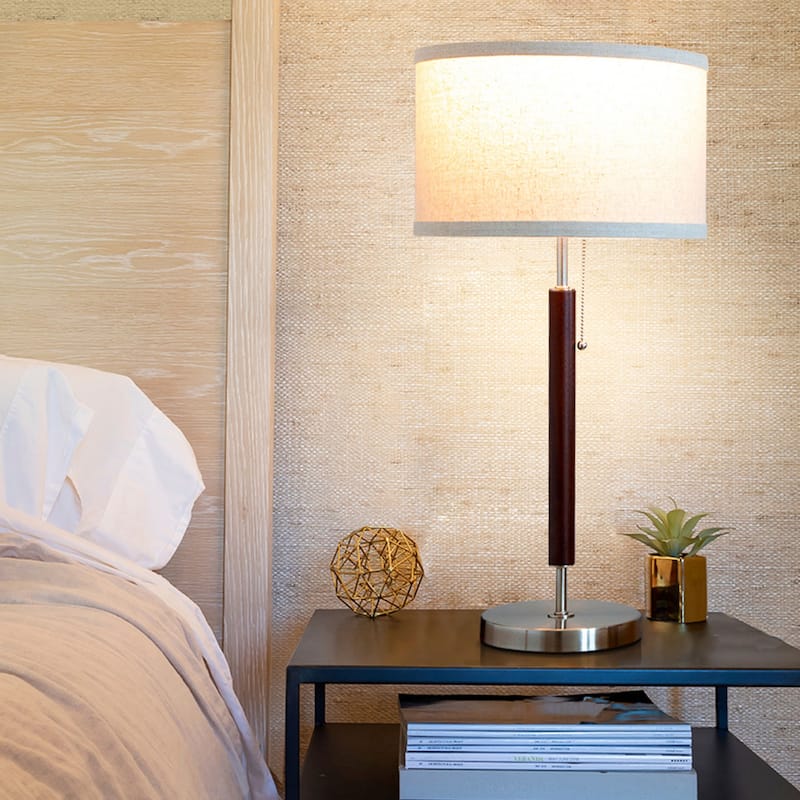 Brightech Carter 26 in. Walnut Brown Mid-Century Modern LED Standard Table Lamp with Beige Fabric Drum Shade (2-Pack)