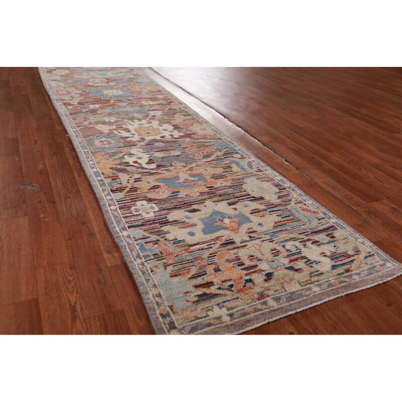 Hand Knotted Oriental 100% Wool Carpet Transitional Floral Multi-Colored Oushak Runner Rug - 19' 5'' X 2' 4''