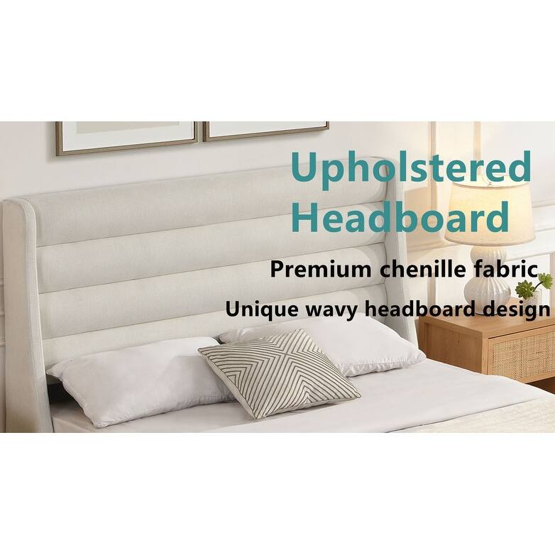King Size Upholstered Platform Bed with Wavy Headboard, Premium Chenille Fabric, Modern Minimalist Design, Easy Assembly, Ivory