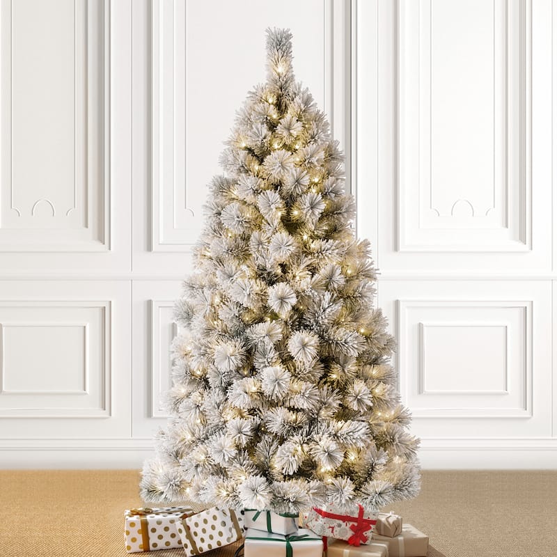 Glitzhome 6ft/9ft Pre-Lit Flocked Artificial Pine/Spruce Christmas Tree 300 Warm White Lights