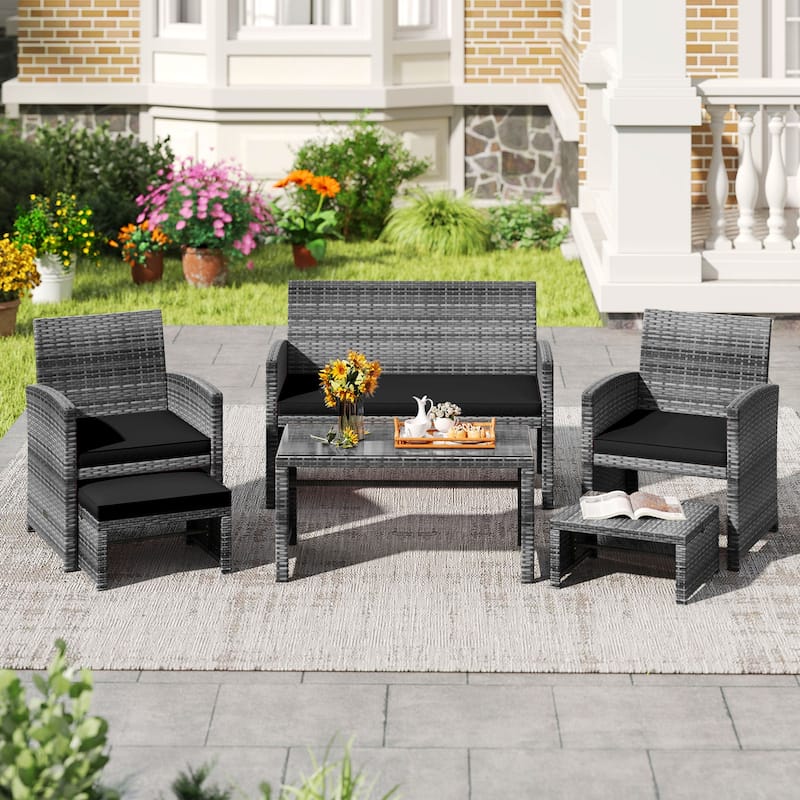 Costway 6PCS Patio Furniture Set Outdoor Sectional Conversation PE - See Details - Black