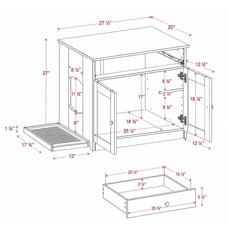 Palace Imports 100% Solid Wood Ziva 2-Door Cat Litter Box Enclosure with 2-Drawers and Litter Catch