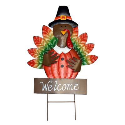 24" Metal Welcome Pilgrim Thanksgiving Turkey Yard Stake