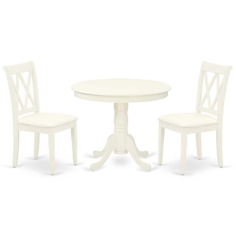 3Pc Dinette Set - Kitchen Table & 2 Dining Chairs - Linen White Finish - Small Round Table