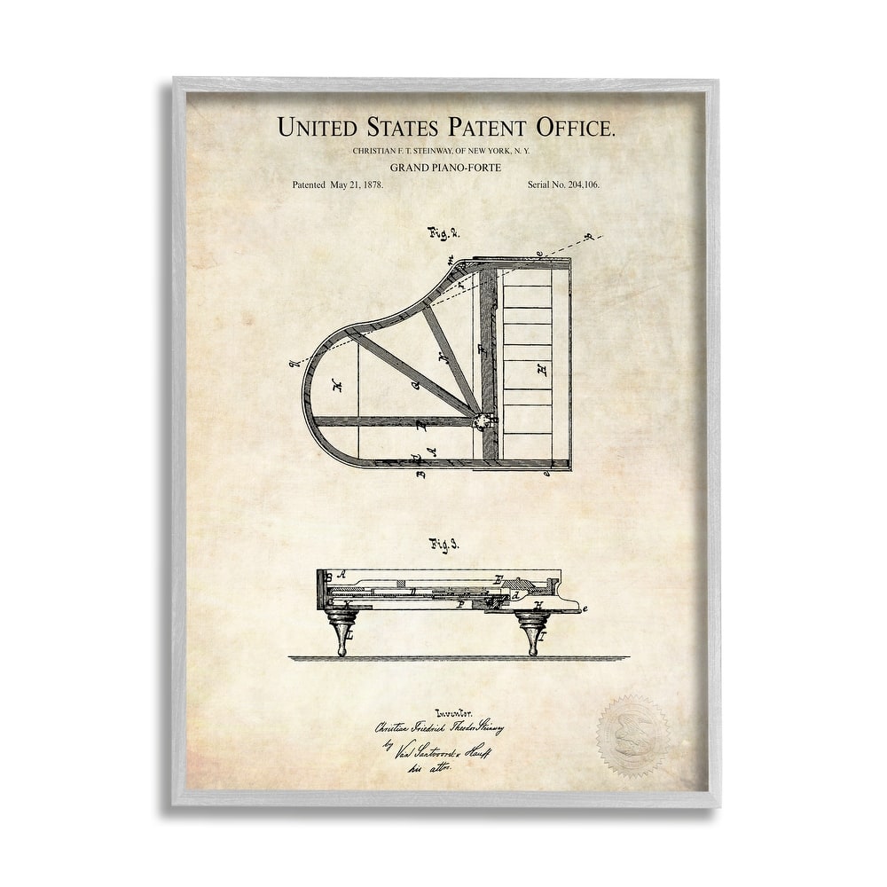 Stupell Grand Piano Detailed Vintage Diagram Blueprint Instrument Framed Wall Art - Beige