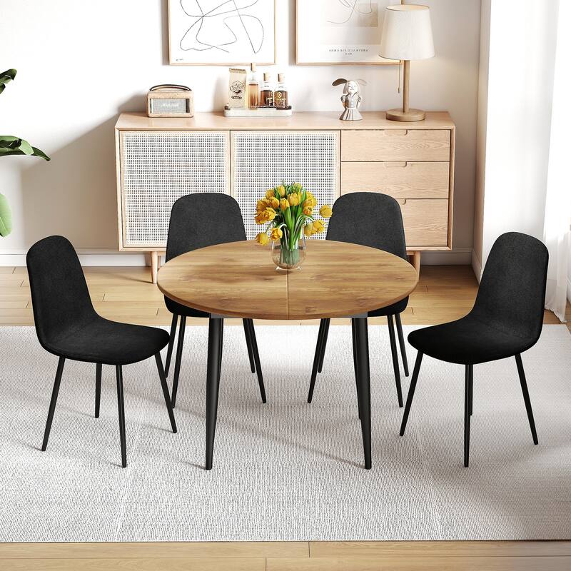 Wood Kitchen Table Set with 4 Chairs, 5-Piece Round Dining Set with Extendable Dining Table for Dining Room