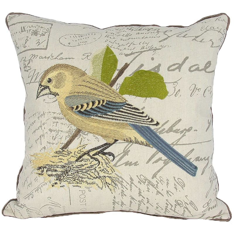 18"x18" Beige and Brown Bird Linen Blend Bird Print Zippered Pillow