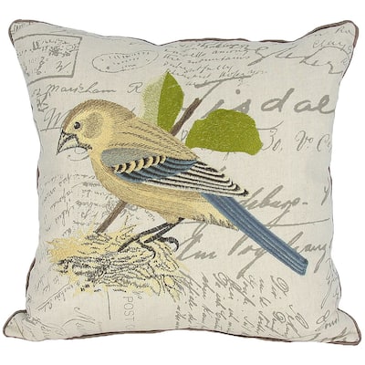 18"x18" Beige and Brown Bird Linen Blend Bird Print Zippered Pillow