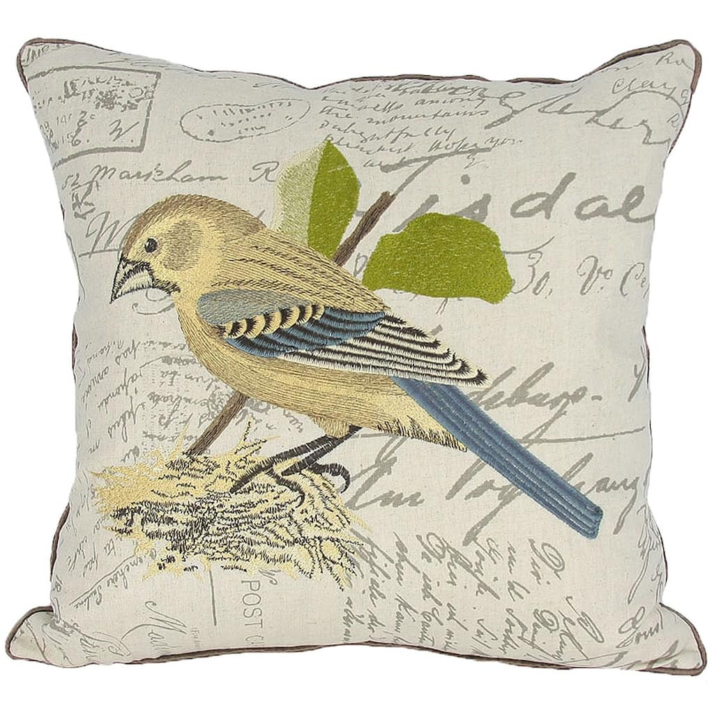 18"x18" Beige and Brown Bird Linen Blend Bird Print Zippered Pillow