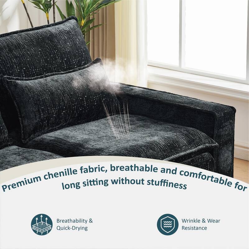 Cloud Chenille L-shaped Sectional Sofa, Deep Seat Couch with Thick Cushions, Movable Ottoman and Waist Pillows for Living Room