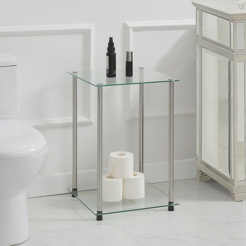 Glass 2 Tier Square End Table, Modern Accent Side Table with Tempered Glass Shelves and Stainless Steel Frame - 15.75