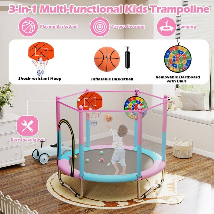 60 inch Kids Trampoline Toddler Recreational Trampoline with Basketball Hoop-Macaron - Multi