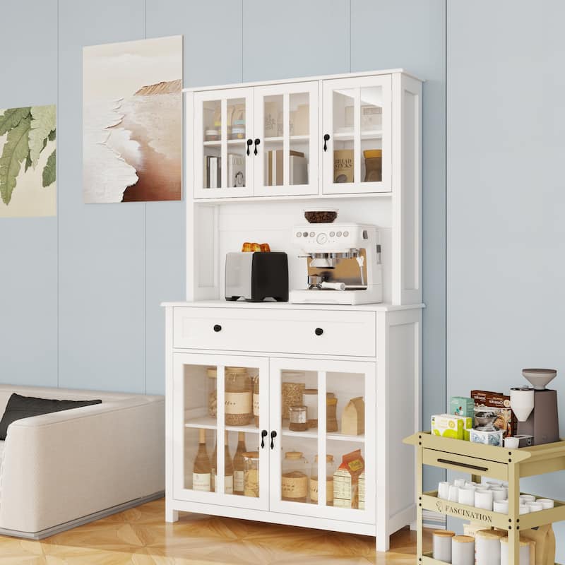 Kitchen Pantry Cabinet with 1 Large Drawer, Buffet Cabinet with Microwave Oven Countertop, Cabinet with Adjustable Shelves - White