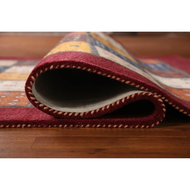 Tribal Geometric Gabbeh Indian Area Rug Red Hand-Tufted Wool Carpet - 5'3" x 7'7"