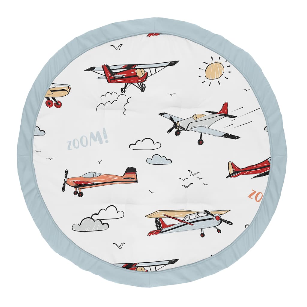Vintage Airplane Boy Baby Tummy Time Playmat - Grey Yellow Orange Red White Blue Airplanes Air Plane Transportation Clouds Sky