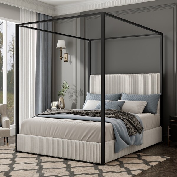 Contemporary Corduroy Upholstered Canopy Bed with Tall
