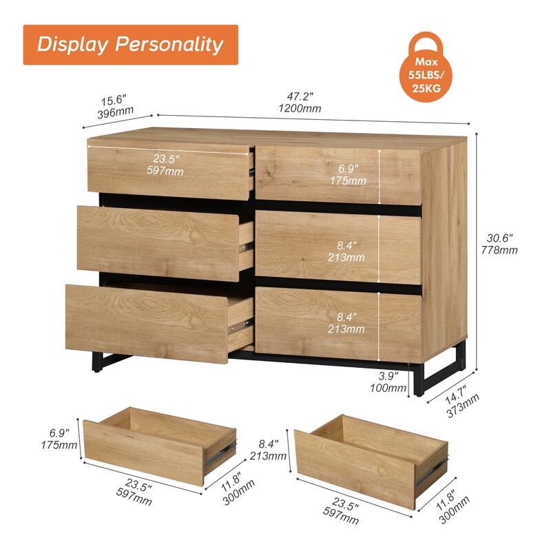 WAMPAT Modern Buffet Sideboards, Sideboard Buffet Cabinet with 6 Drawers , Coffee Bar Storage Cabinet for Kitchen