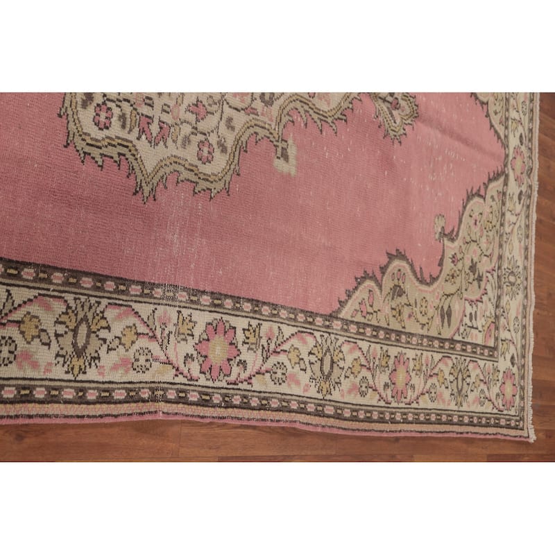 Pink Anatolian Turkish Vintage Area Rug Handmade Wool Carpet - 6'3" x 9'10"