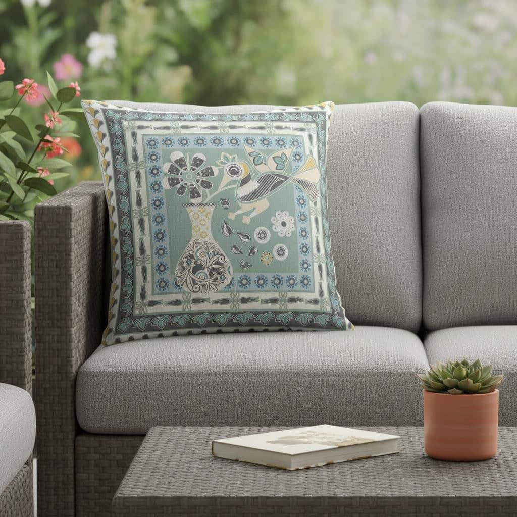 HomeRoots 20" x 20" Green and Black Peacock Blown Seam Floral Indoor Outdoor Throw Pillow - 20.00' X '5.00' X '20.00