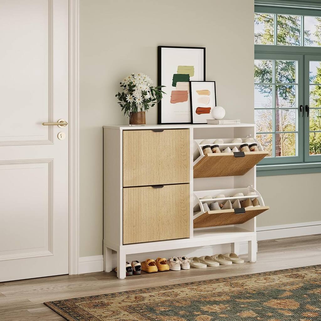Modern Narrow Fluted Shoe Storage Cabinet with 4 Flip Drawers