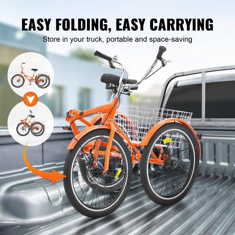 Orange Aluminum Folding Adult Tricycle with Basket and Dual Brakes - 61.8” L x 29.9” W x 40.4” H