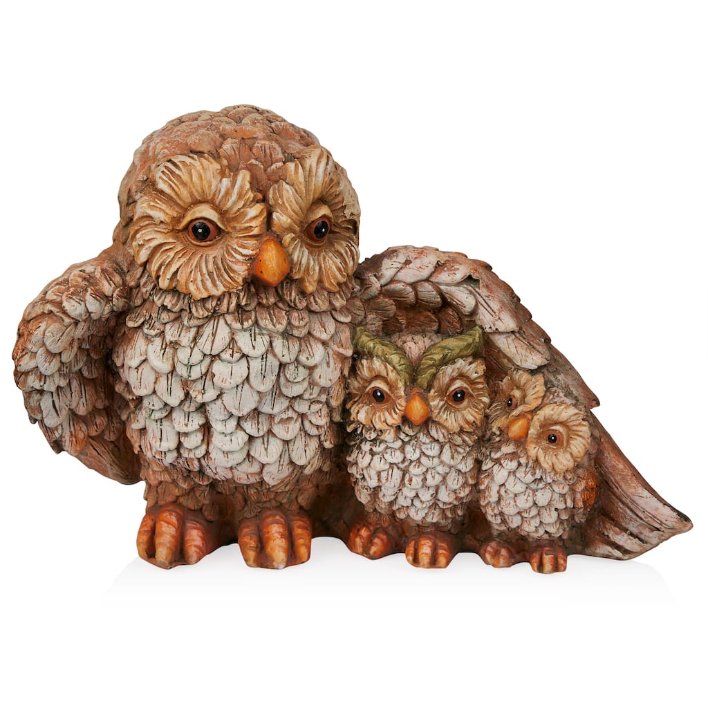 11" Owl Mom Wing Protecting Two Baby Owlettes Statuary