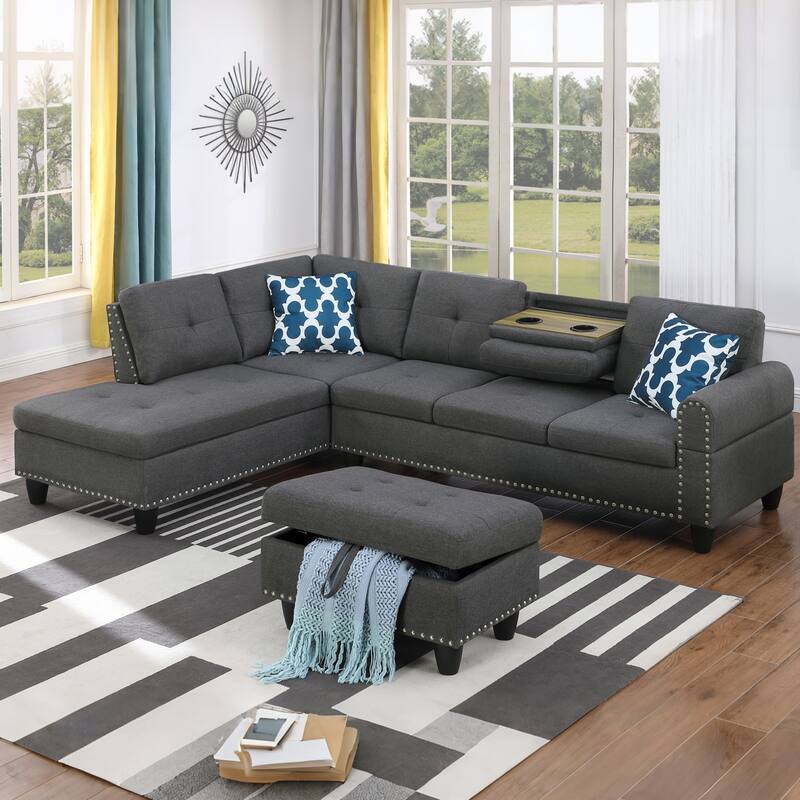 HOMEFUN Linen/Leather Upholstered L-Shaped 4-seater Multifunctional Sectional Sofa with Storage Ottoman,Cup Holder - Dark Grey-Linen