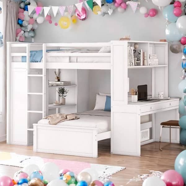 slide 2 of 16, Full size Loft Bed with Twin size Stand-alone bed, Shelves,Desk,and Wardrobe,No Box Spring Required White