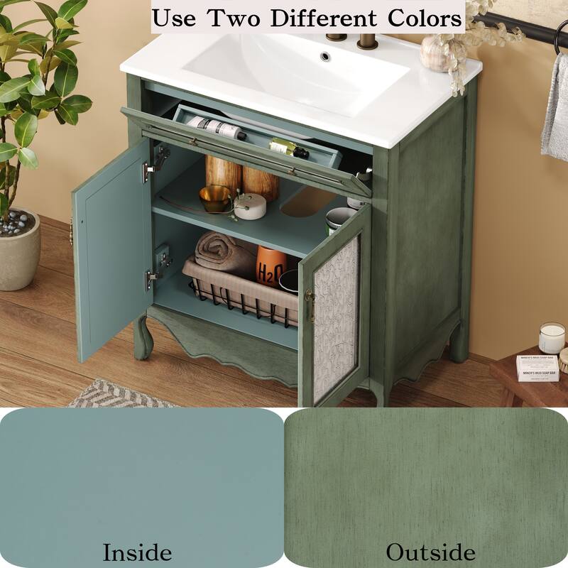 Christopher Knight Home - 30" Antique Pattern Bathroom Vanity with Ceramic Sink & Flip-Out Drawer