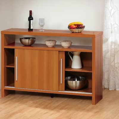 Sideboard Buffet Entry Cabinet Sliding Doors Metal Bar Handles 4-Shelves, Cherry Color